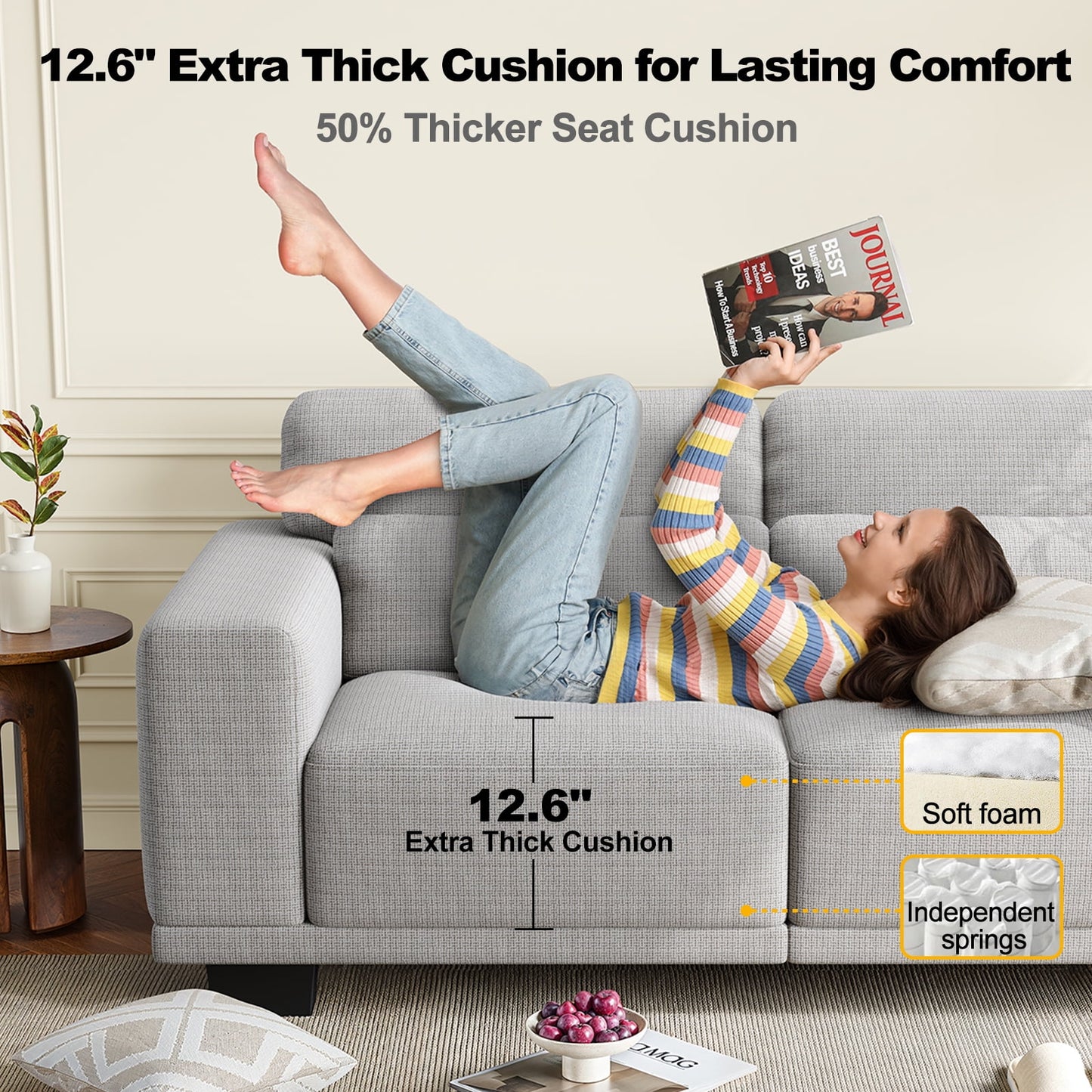 89" 3 Seater Sofa, Upholstered Couch with 3 Pillows and Removable Linen Cover, Deep Seat Sofa with Wide Armrests 