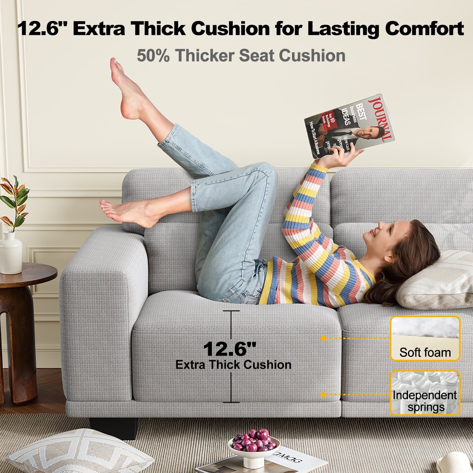 89" 3 Seater Sofa, Upholstered Couch with 3 Pillows and Removable Linen Cover, Deep Seat Sofa with Wide Armrests 
