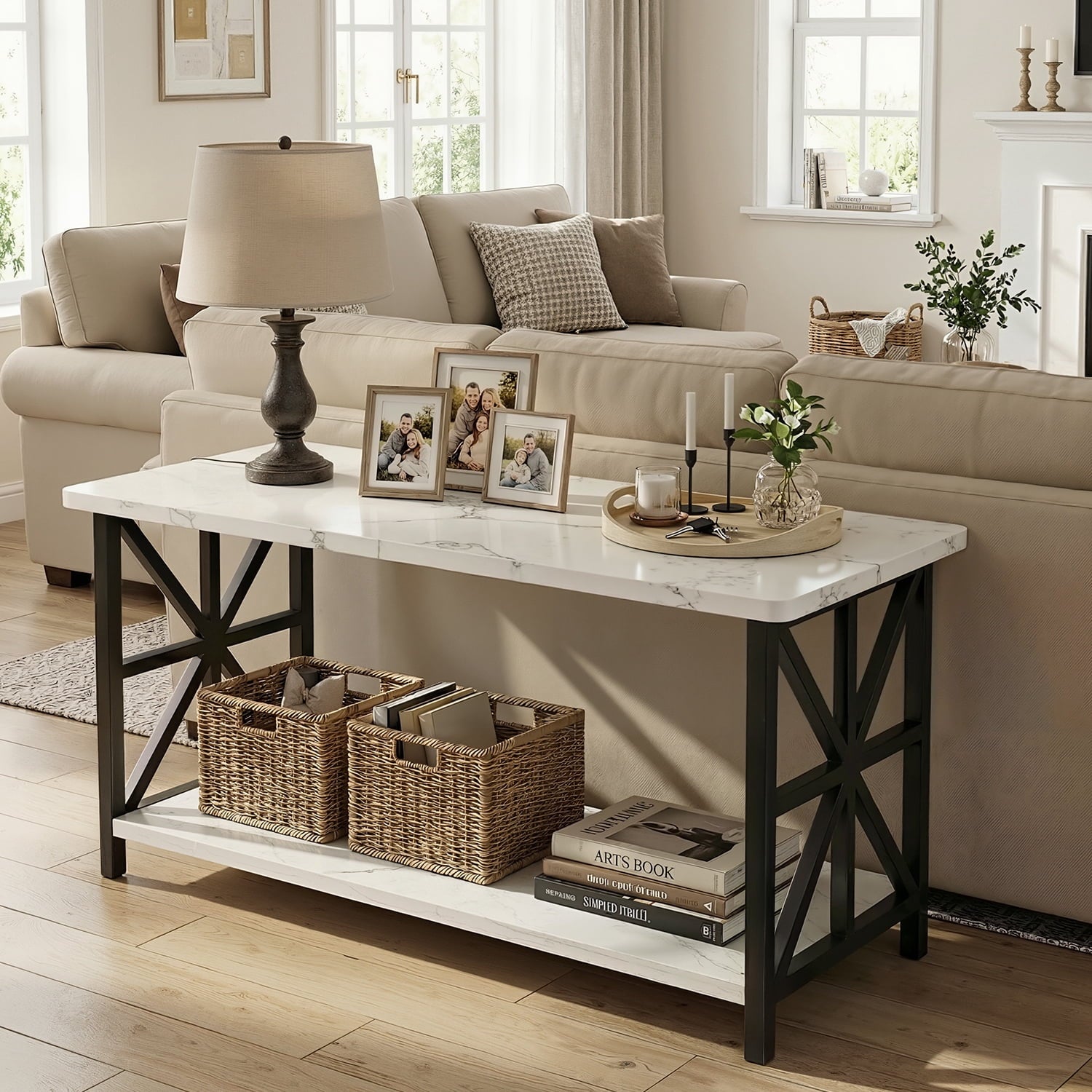 Faux Marble Coffee Table with Storage Shelves, 2-Tier Storage Rectangular Living Room Center Table, Metal Base Sturdy Modern Coffee Tea Table for Living Room, Apartment, Office, White
