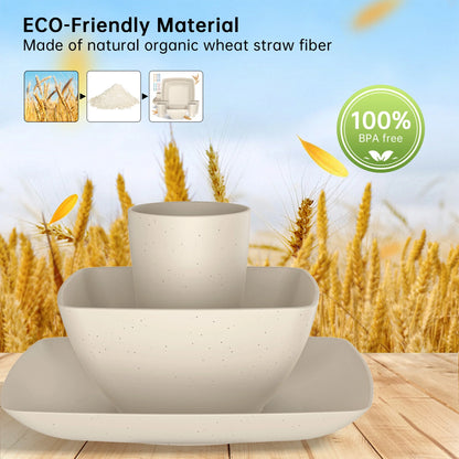 24 Pcs Wheat Straw Square Dinnerware Sets for 4, Unbreakable Dish Sets, Reusable Plates and Bowls Sets, Dinner Plates, Travel Camping Cutlery Set, Dishwasher Microwave Safe, Beige