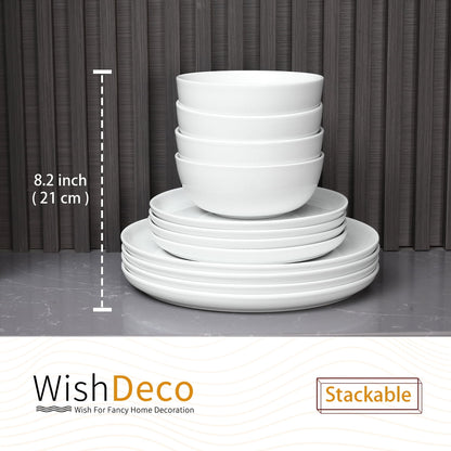 Plates and Bowls Sets, 12 Pieces Dinnerware Sets, Ceramic Dishes Set for 4, White Kitchen Dishware Set, Microwave and Dishwasher Safe