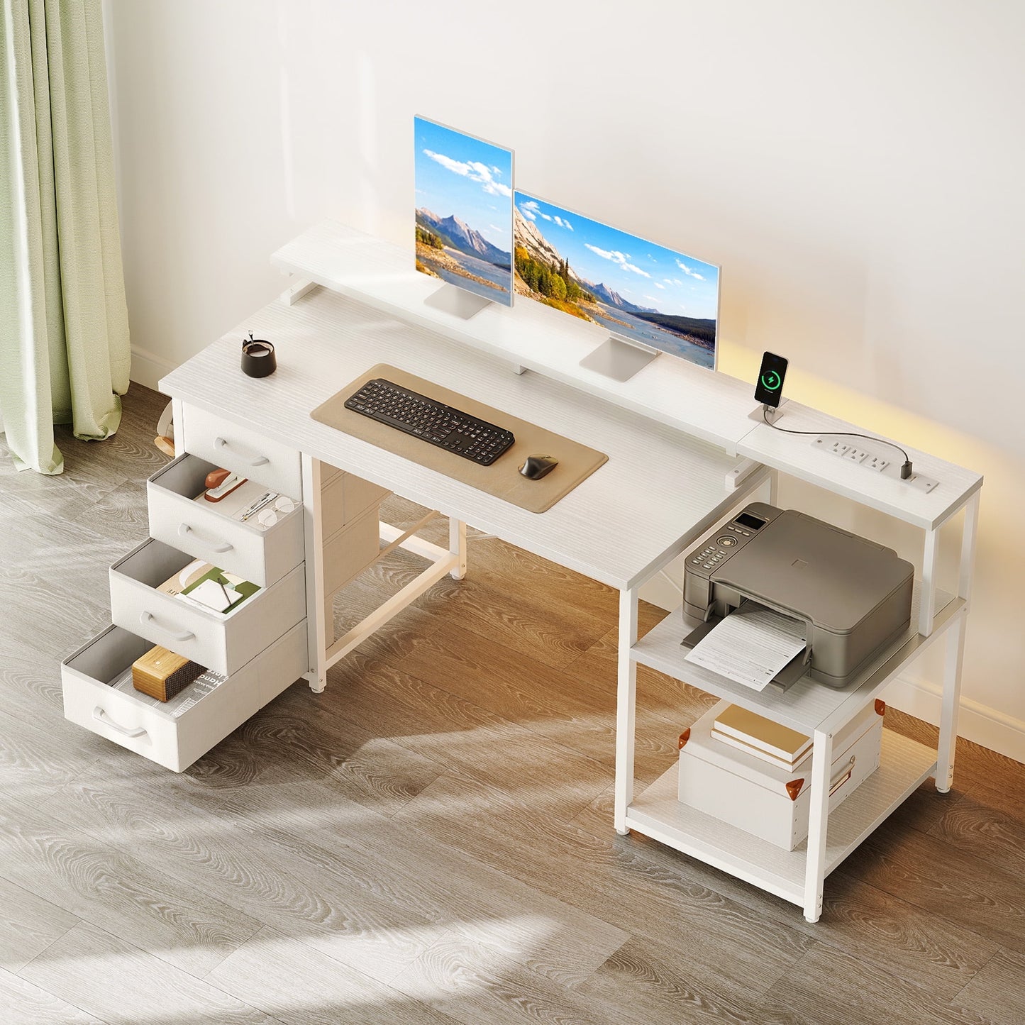 55 Inch Computer Desk with USB Ports and Power Outlets, Printer Shelf, 4 Drawers & Storage Shelf, Home Office Desks, White