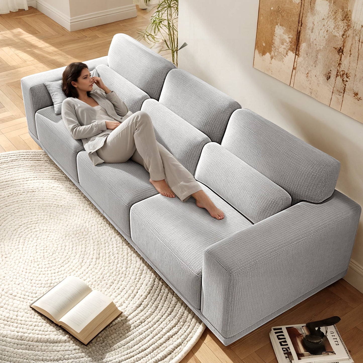 89" 3 Seater Sofa, Upholstered Couch with 3 Pillows and Removable Linen Cover, Deep Seat Sofa with Wide Armrests 