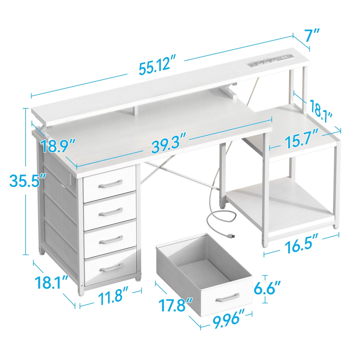 55 Inch Computer Desk with USB Ports and Power Outlets, Printer Shelf, 4 Drawers & Storage Shelf, Home Office Desks, White