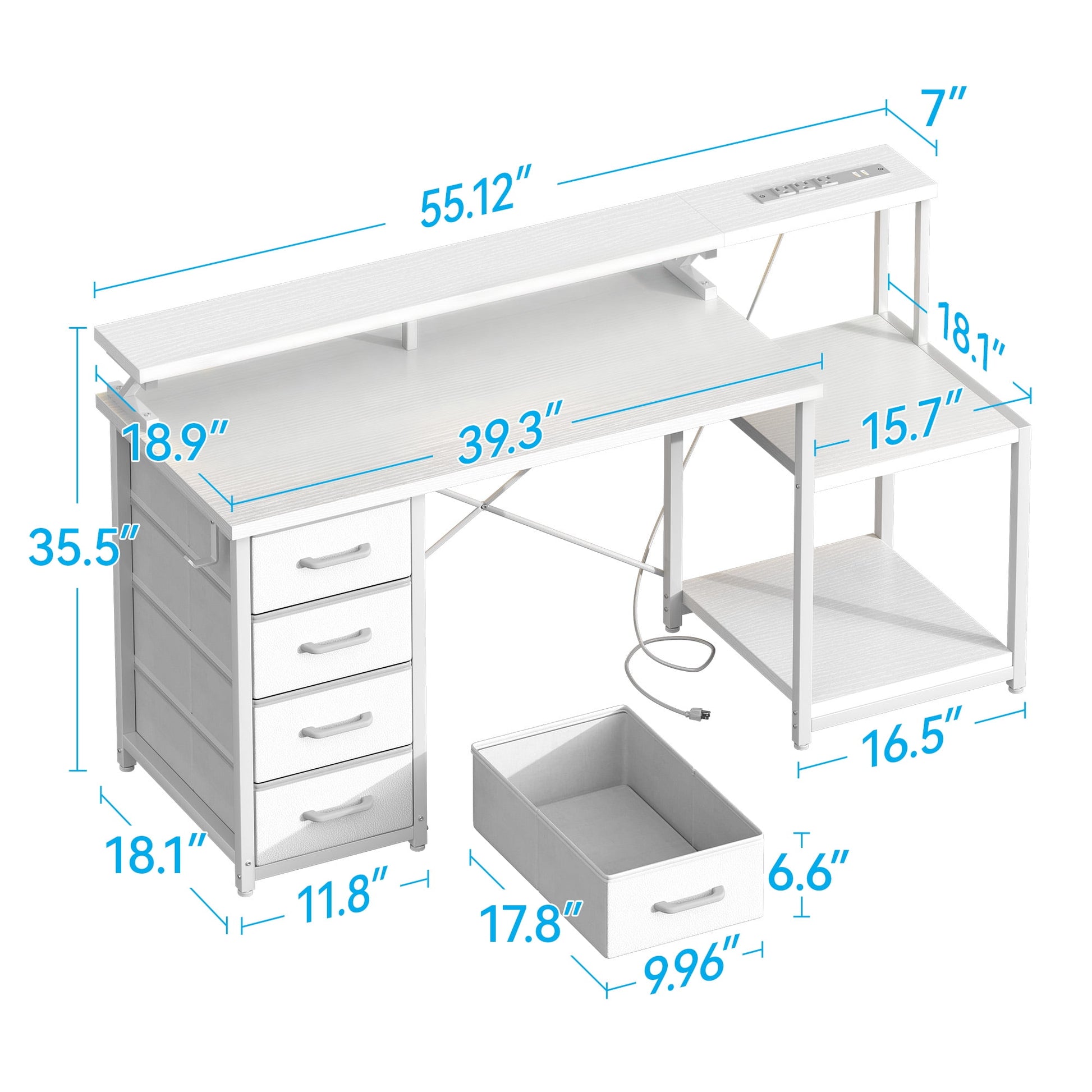 55 Inch Computer Desk with USB Ports and Power Outlets, Printer Shelf, 4 Drawers & Storage Shelf, Home Office Desks, White