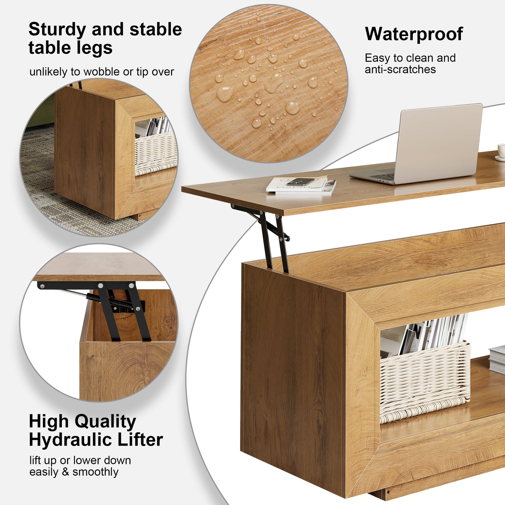 Lift Top Coffee Table with Storage, Wooden Convertible Coffee Table for Living Room, Center Table, Natural Wood