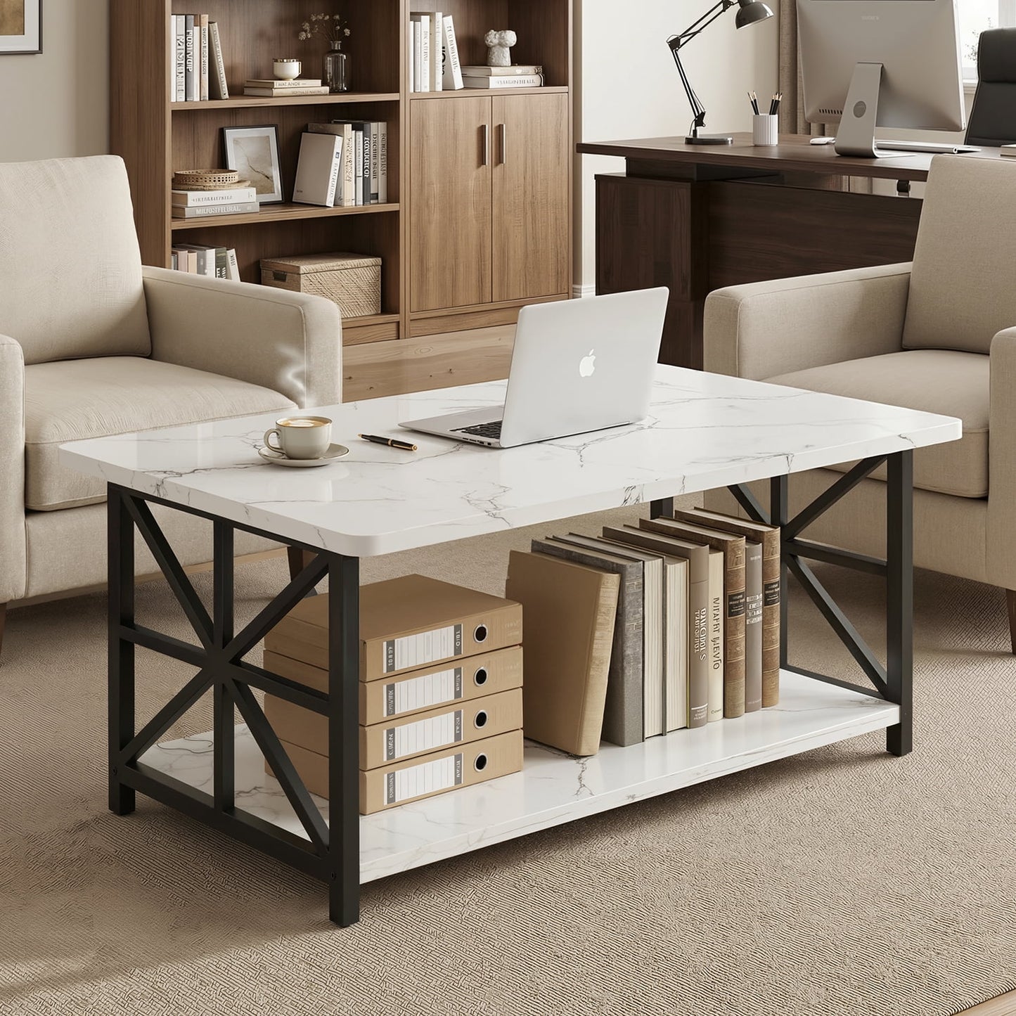 Faux Marble Coffee Table with Storage Shelves, 2-Tier Storage Rectangular Living Room Center Table, Metal Base Sturdy Modern Coffee Tea Table for Living Room, Apartment, Office, White