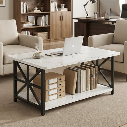 Faux Marble Coffee Table with Storage Shelves, 2-Tier Storage Rectangular Living Room Center Table, Metal Base Sturdy Modern Coffee Tea Table for Living Room, Apartment, Office, White