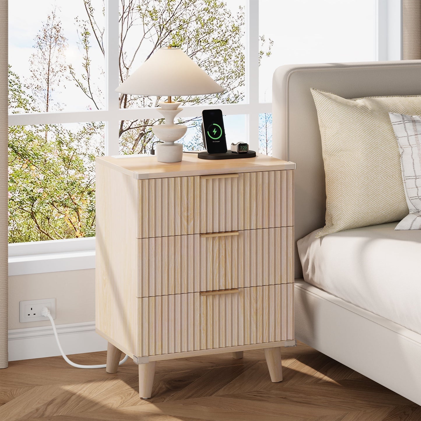 Bedroom Dresser and Nightstand 3 Piece Set - Includes Boho Double 6 Drawer Storage Dresser, Nightstand Set of 2 with Charging Station, Modern Bedroom Set, Natural