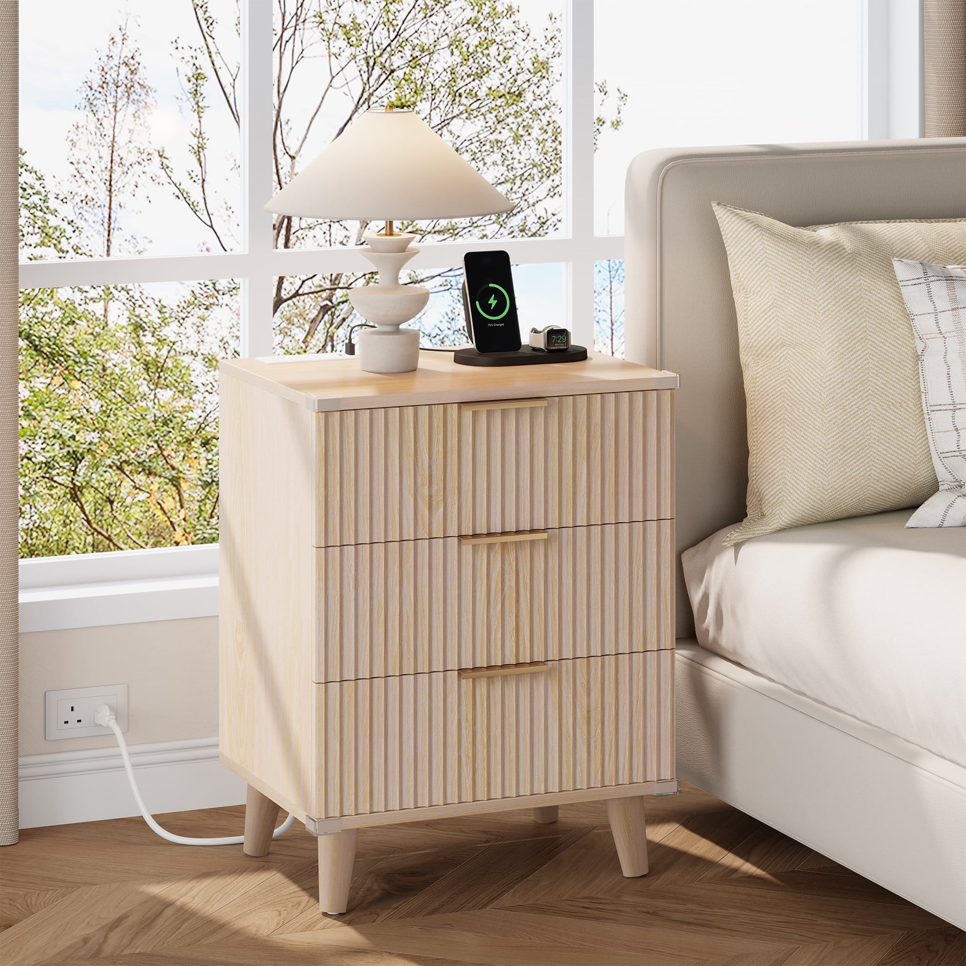 Bedroom Dresser and Nightstand 3 Piece Set - Includes Boho Double 6 Drawer Storage Dresser, Nightstand Set of 2 with Charging Station, Modern Bedroom Set, Natural