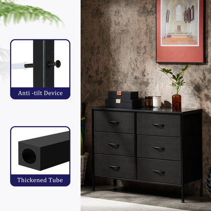 6 Drawer Fabric Dresser with Wood Top for Living Room, Bedroom, Hallway, Black