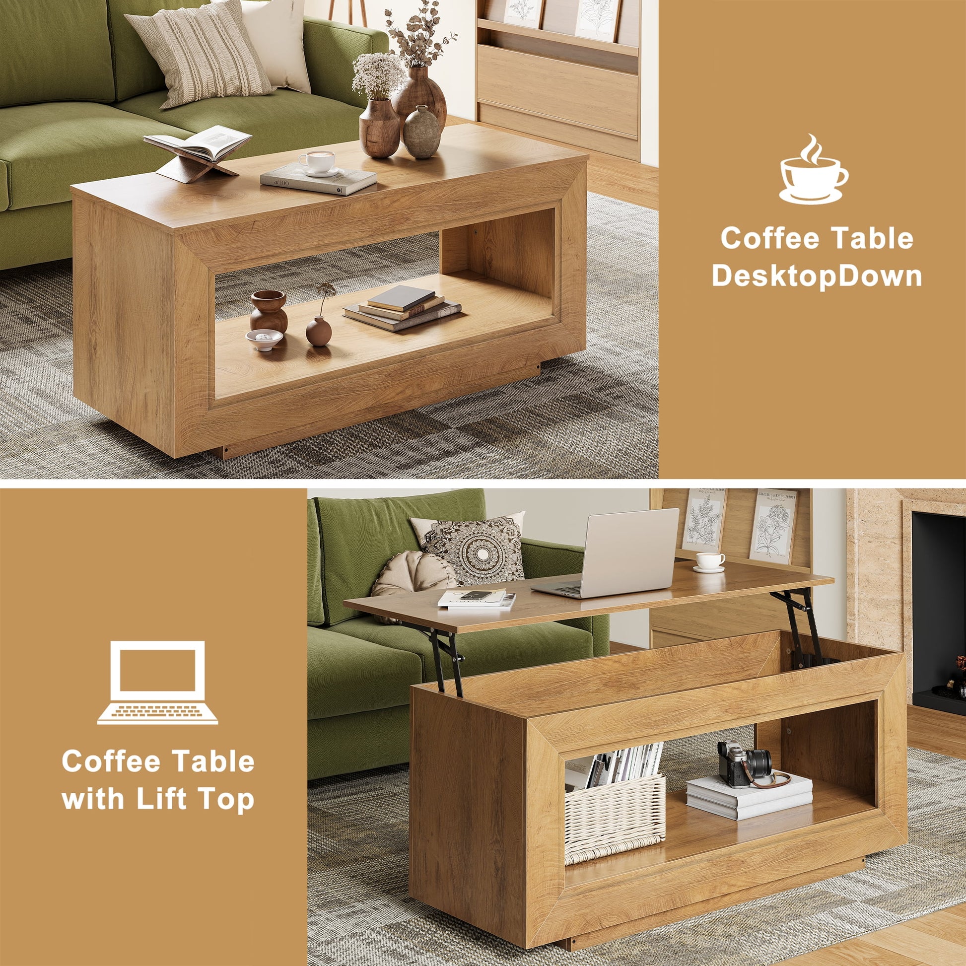 Lift Top Coffee Table with Storage, Wooden Convertible Coffee Table for Living Room, Center Table, Natural Wood