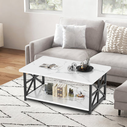 Faux Marble Coffee Table with Storage Shelves, 2-Tier Storage Rectangular Living Room Center Table, Metal Base Sturdy Modern Coffee Tea Table for Living Room, Apartment, Office, White