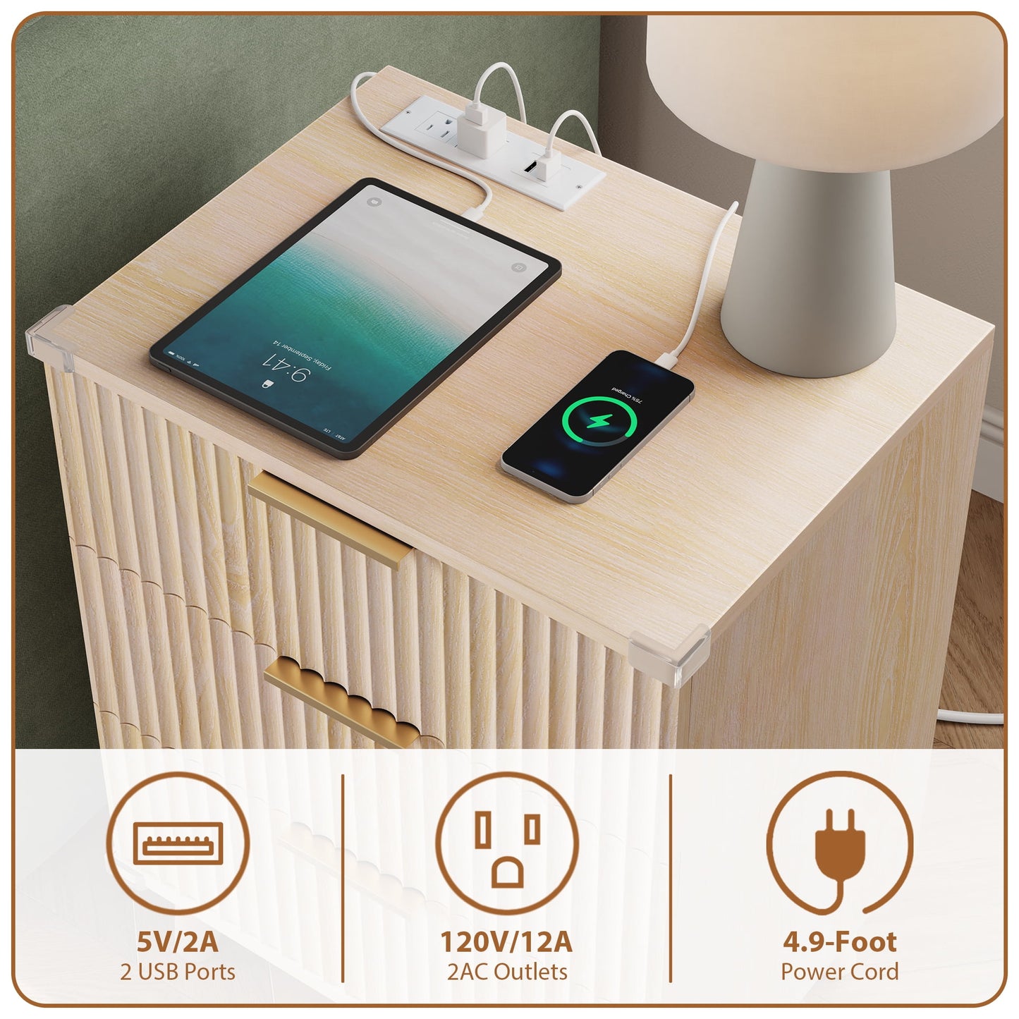 Bedroom Dresser and Nightstand 3 Piece Set - Includes Boho Double 6 Drawer Storage Dresser, Nightstand Set of 2 with Charging Station, Modern Bedroom Set, Natural