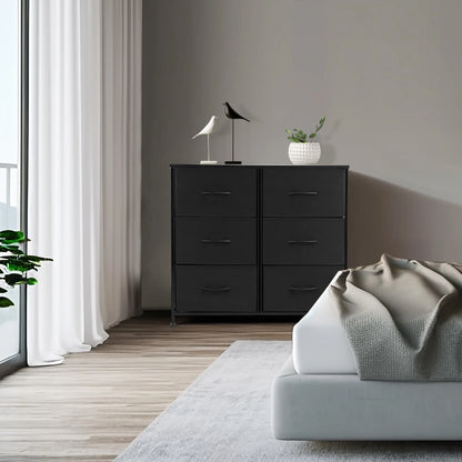 6 Drawer Fabric Dresser with Wood Top for Living Room, Bedroom, Hallway, Black