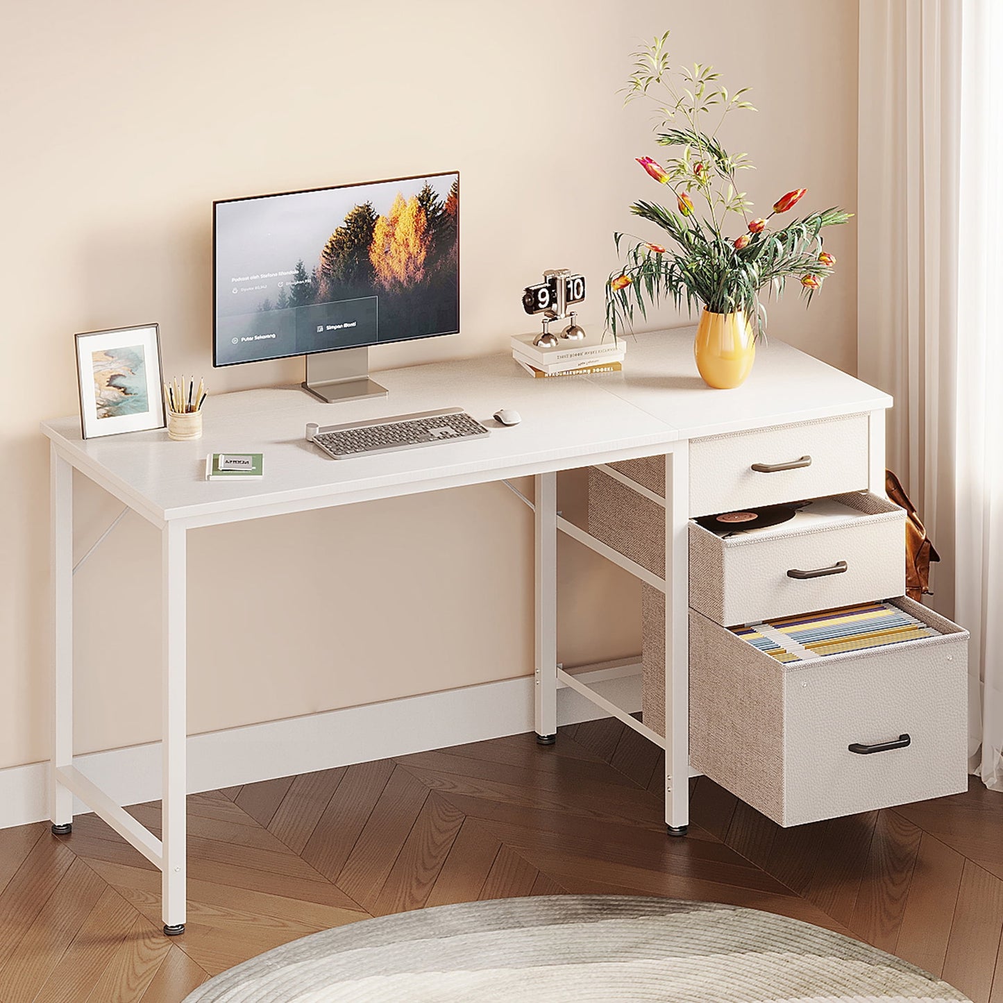 Computer Desk with Fabric Drawers & File Cabinet, Home Office Desk with Cloth Storage Bag and Hook, Vanity Desk for Bedroom, White