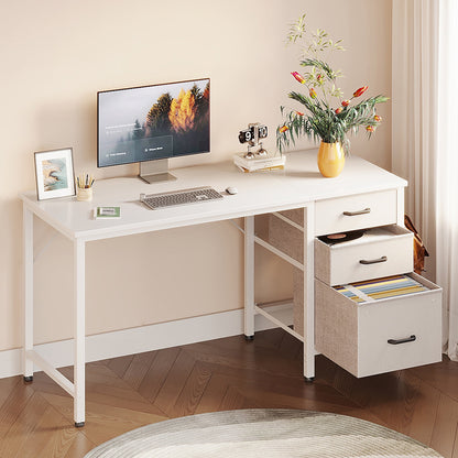 Computer Desk with Fabric Drawers & File Cabinet, Home Office Desk with Cloth Storage Bag and Hook, Vanity Desk for Bedroom, White