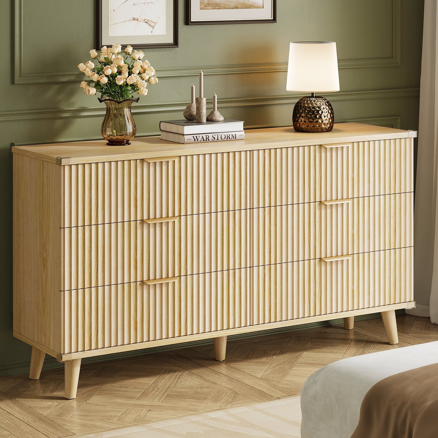 Bedroom Dresser and Nightstand 3 Piece Set - Includes Boho Double 6 Drawer Storage Dresser, Nightstand Set of 2 with Charging Station, Modern Bedroom Set, Natural