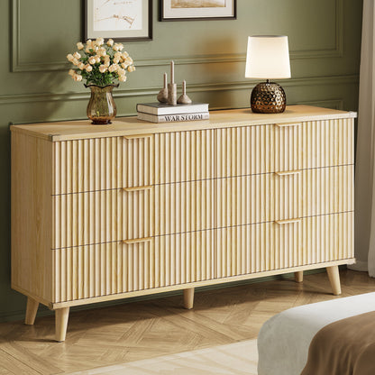 Bedroom Dresser and Nightstand 3 Piece Set - Includes Boho Double 6 Drawer Storage Dresser, Nightstand Set of 2 with Charging Station, Modern Bedroom Set, Natural