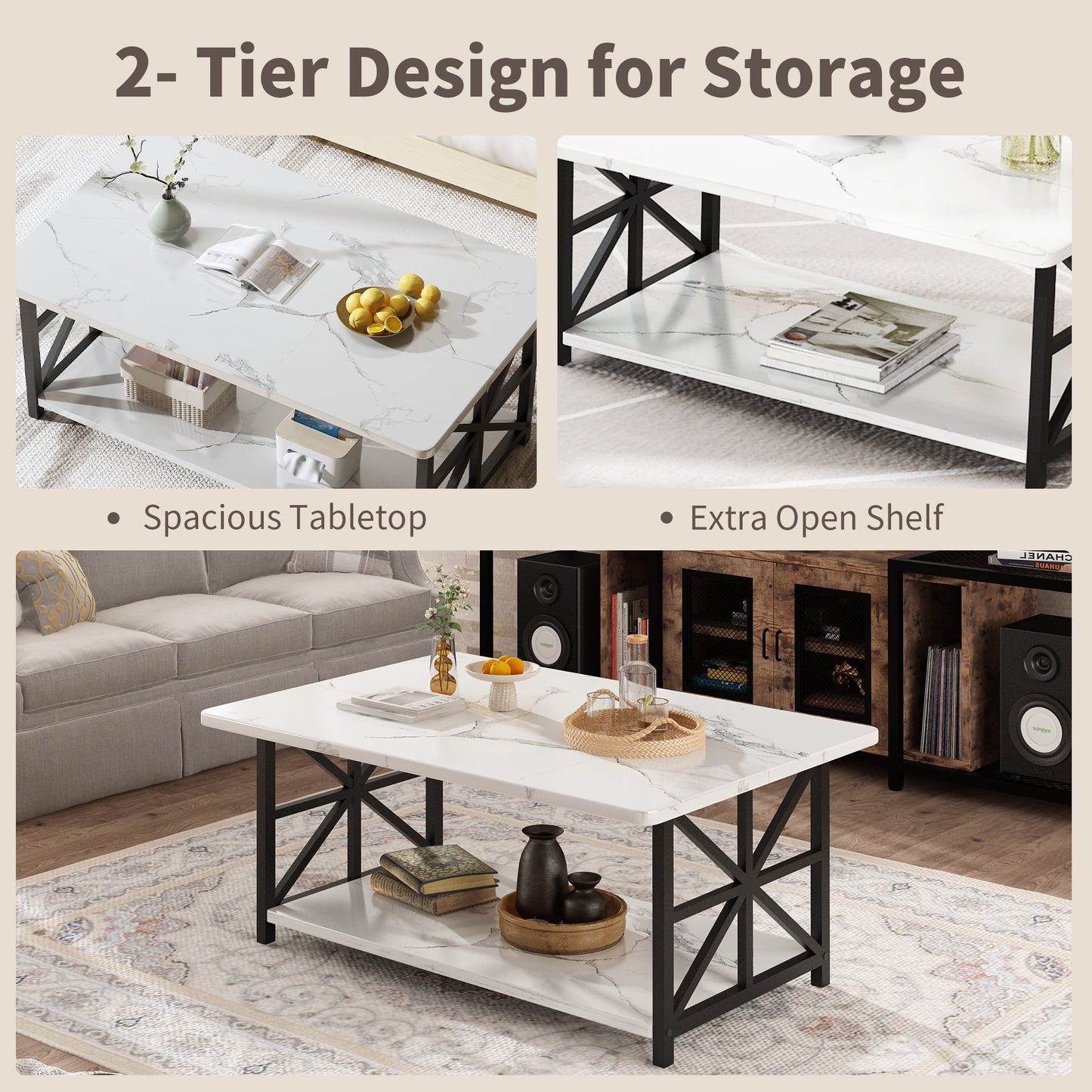 Faux Marble Coffee Table with Storage Shelves, 2-Tier Storage Rectangular Living Room Center Table, Metal Base Sturdy Modern Coffee Tea Table for Living Room, Apartment, Office, White