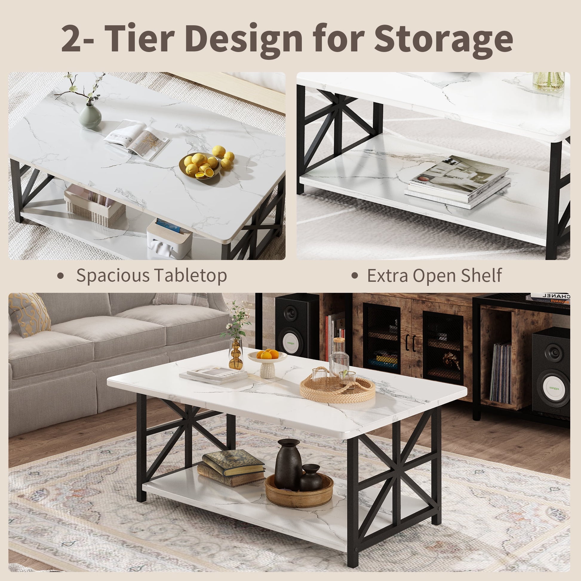 Faux Marble Coffee Table with Storage Shelves, 2-Tier Storage Rectangular Living Room Center Table, Metal Base Sturdy Modern Coffee Tea Table for Living Room, Apartment, Office, White