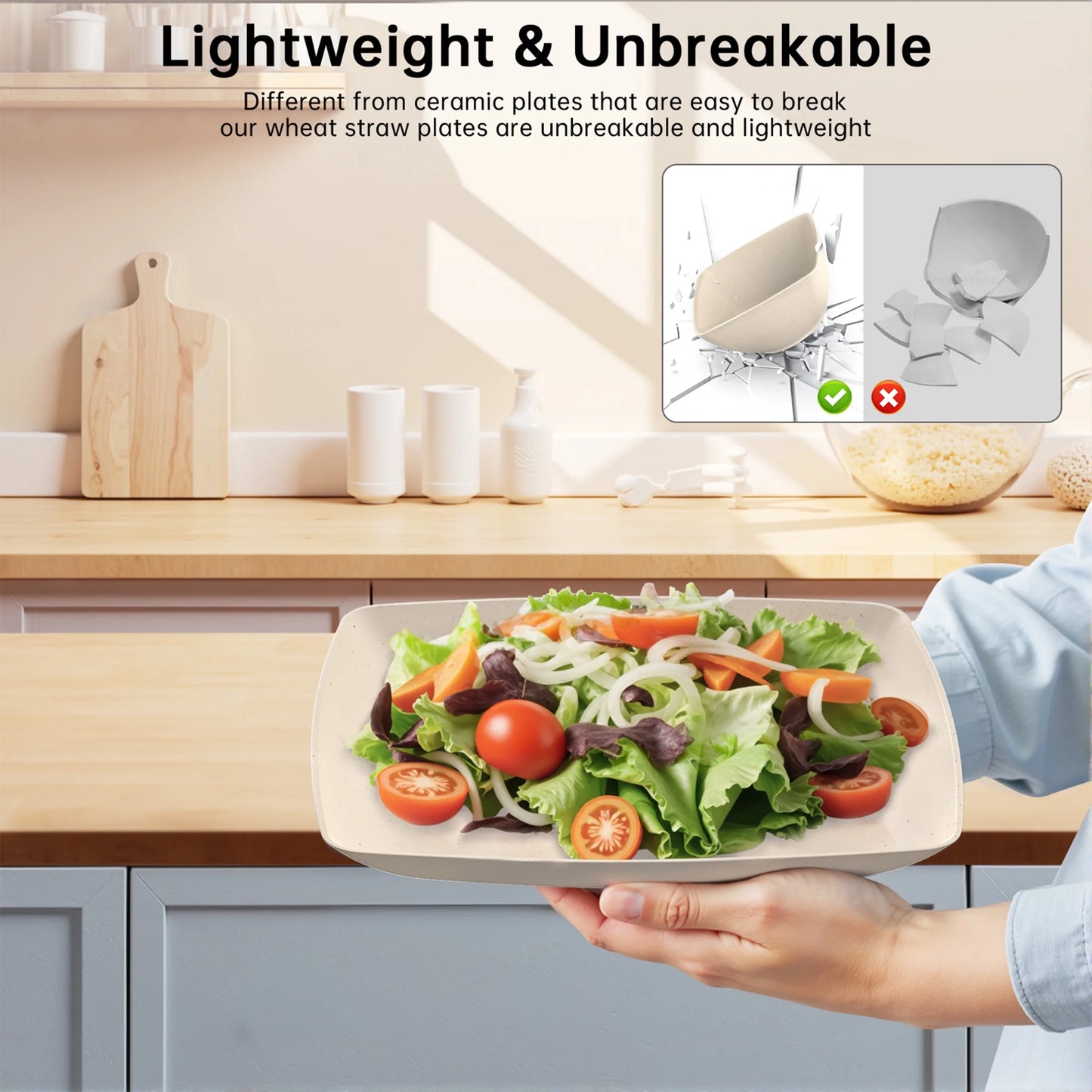 24 Pcs Wheat Straw Square Dinnerware Sets for 4, Unbreakable Dish Sets, Reusable Plates and Bowls Sets, Dinner Plates, Travel Camping Cutlery Set, Dishwasher Microwave Safe, Beige