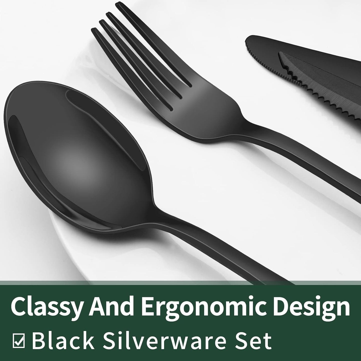 24-Piece Black Silverware Set with Steak Knives,  Black Flatware Set for 4, Food-Grade Stainless Steel Tableware Cutlery Set, Mirror Finished Utensil Sets for Home Restaurant