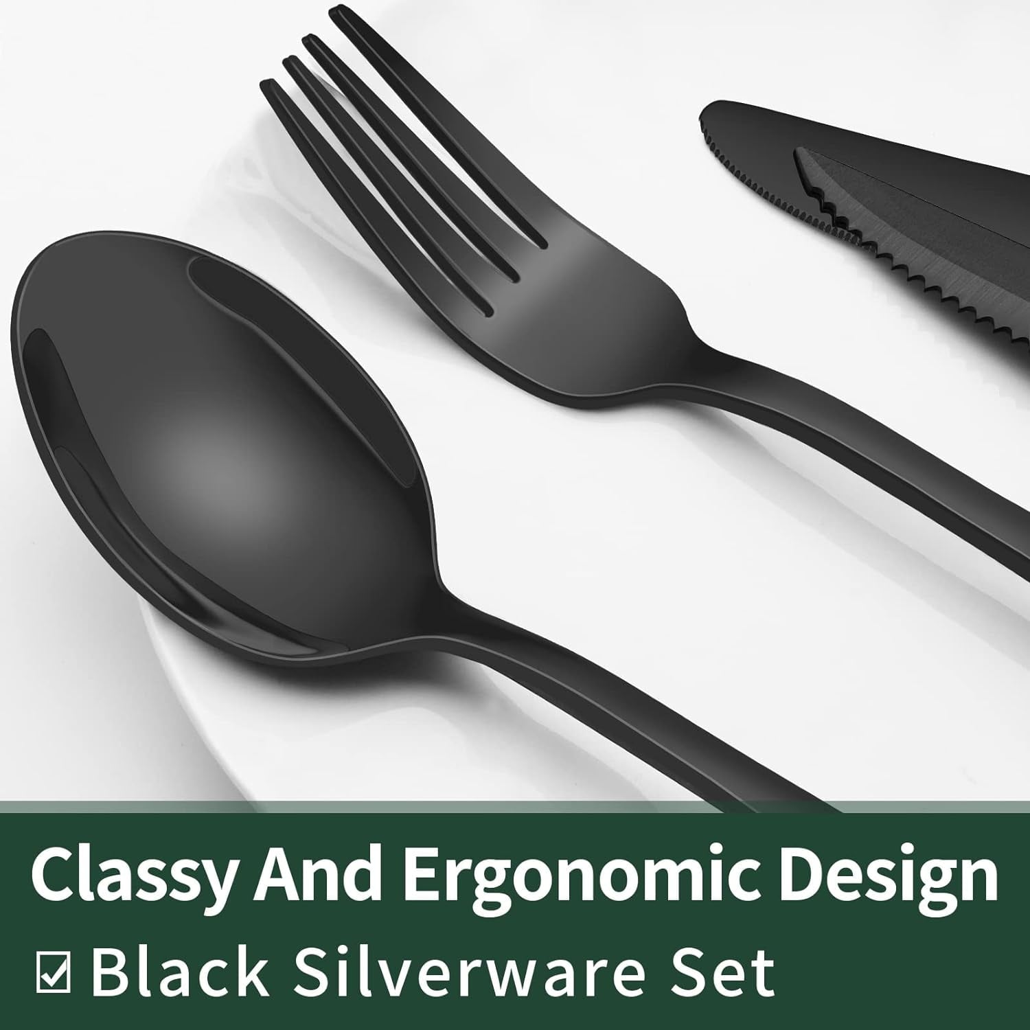 24-Piece Black Silverware Set with Steak Knives,  Black Flatware Set for 4, Food-Grade Stainless Steel Tableware Cutlery Set, Mirror Finished Utensil Sets for Home Restaurant