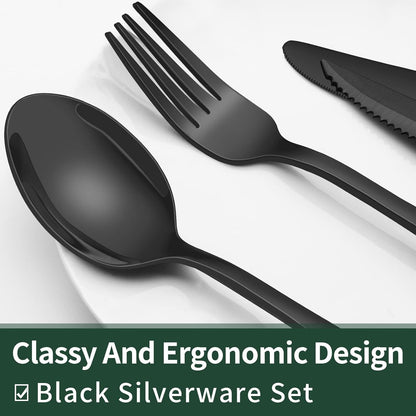 24-Piece Black Silverware Set with Steak Knives,  Black Flatware Set for 4, Food-Grade Stainless Steel Tableware Cutlery Set, Mirror Finished Utensil Sets for Home Restaurant