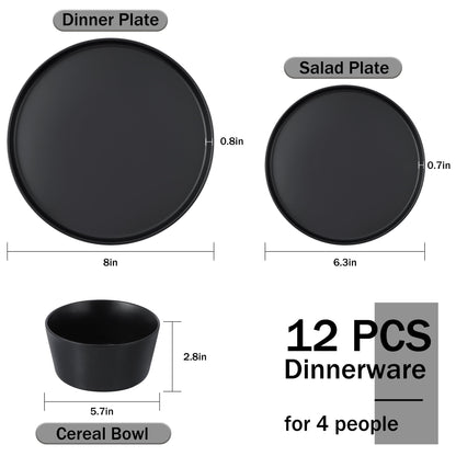 Stoneware Dinnerware Sets, 12 Piece Plates and Bowls Set for 4, Serving Plates and Bowls Dish Sets, Microwave & Dishwasher Safe - Matte Black