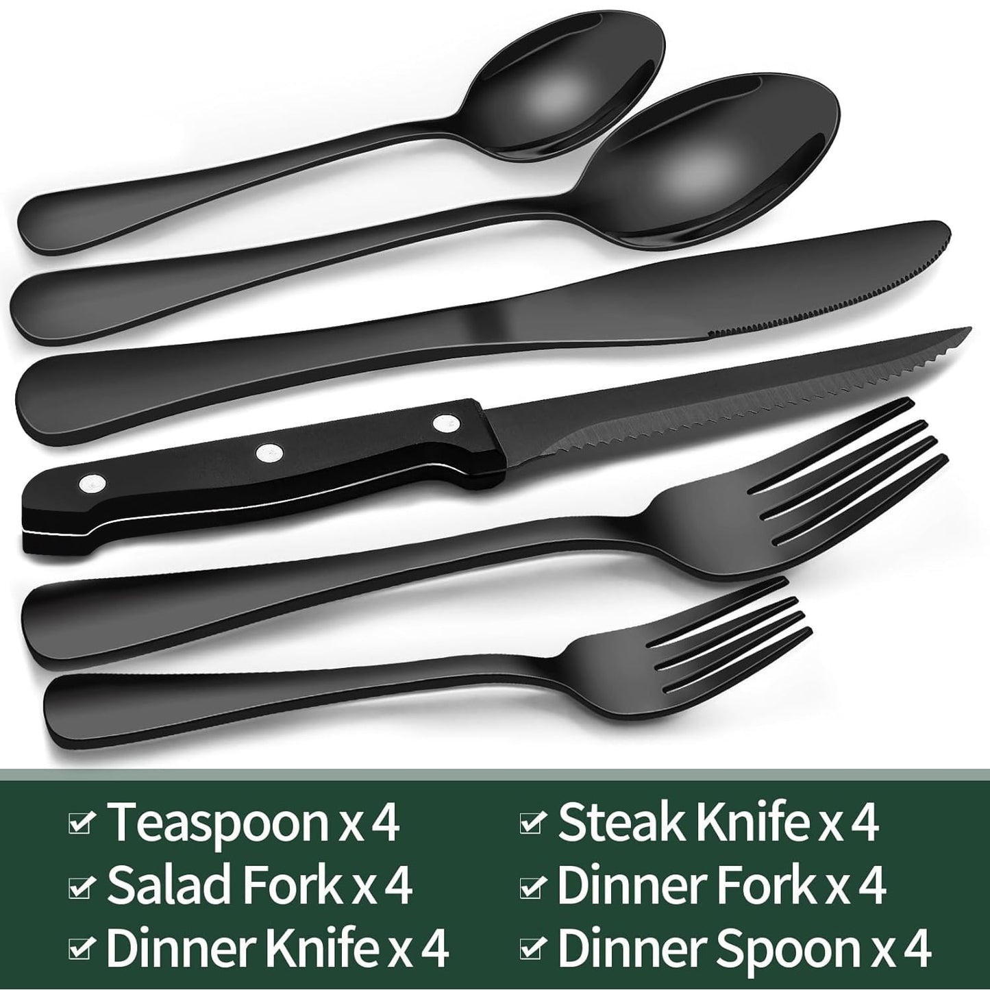 24-Piece Black Silverware Set with Steak Knives,  Black Flatware Set for 4, Food-Grade Stainless Steel Tableware Cutlery Set, Mirror Finished Utensil Sets for Home Restaurant