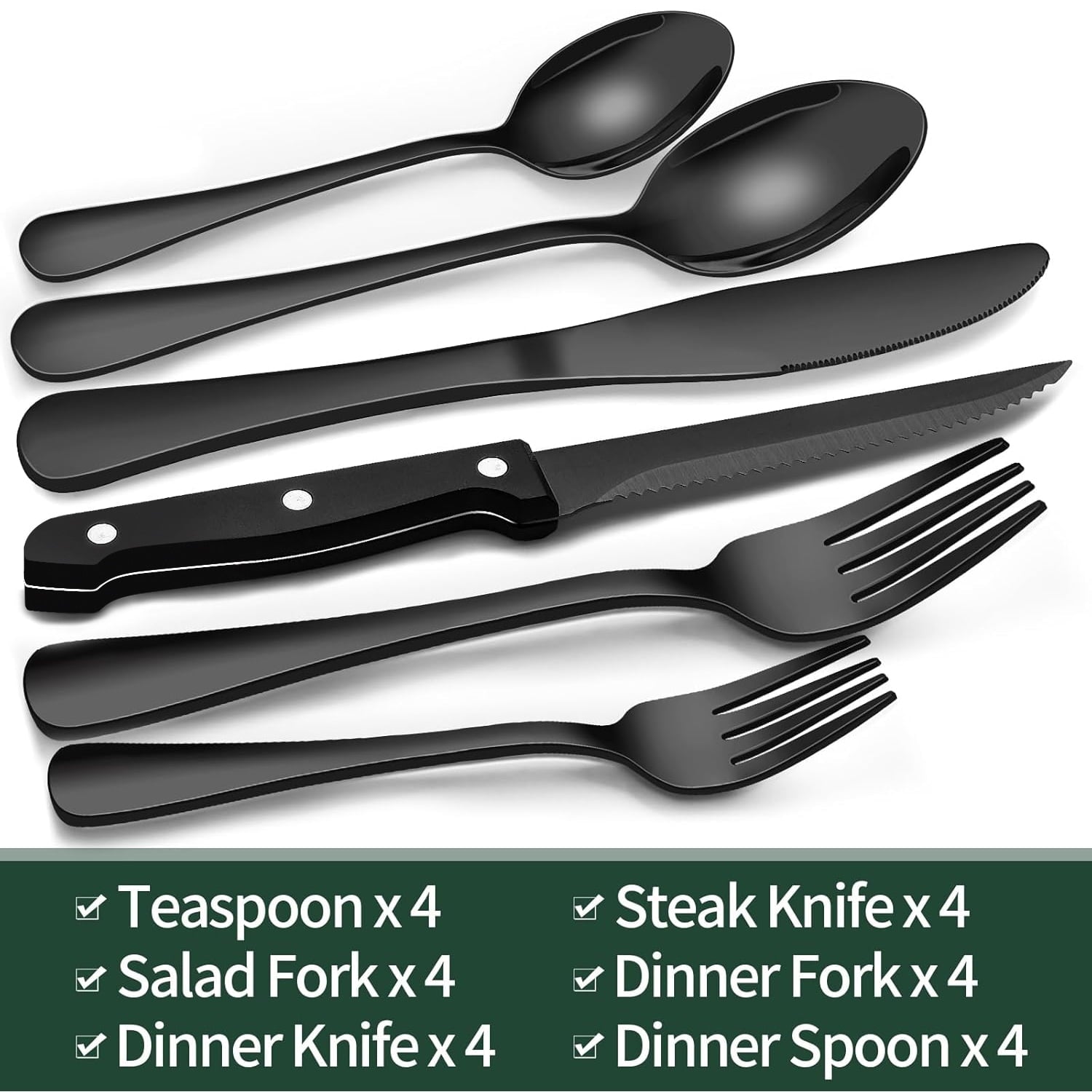 24-Piece Black Silverware Set with Steak Knives,  Black Flatware Set for 4, Food-Grade Stainless Steel Tableware Cutlery Set, Mirror Finished Utensil Sets for Home Restaurant