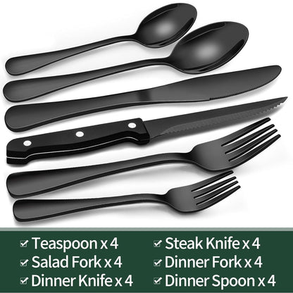 24-Piece Black Silverware Set with Steak Knives,  Black Flatware Set for 4, Food-Grade Stainless Steel Tableware Cutlery Set, Mirror Finished Utensil Sets for Home Restaurant