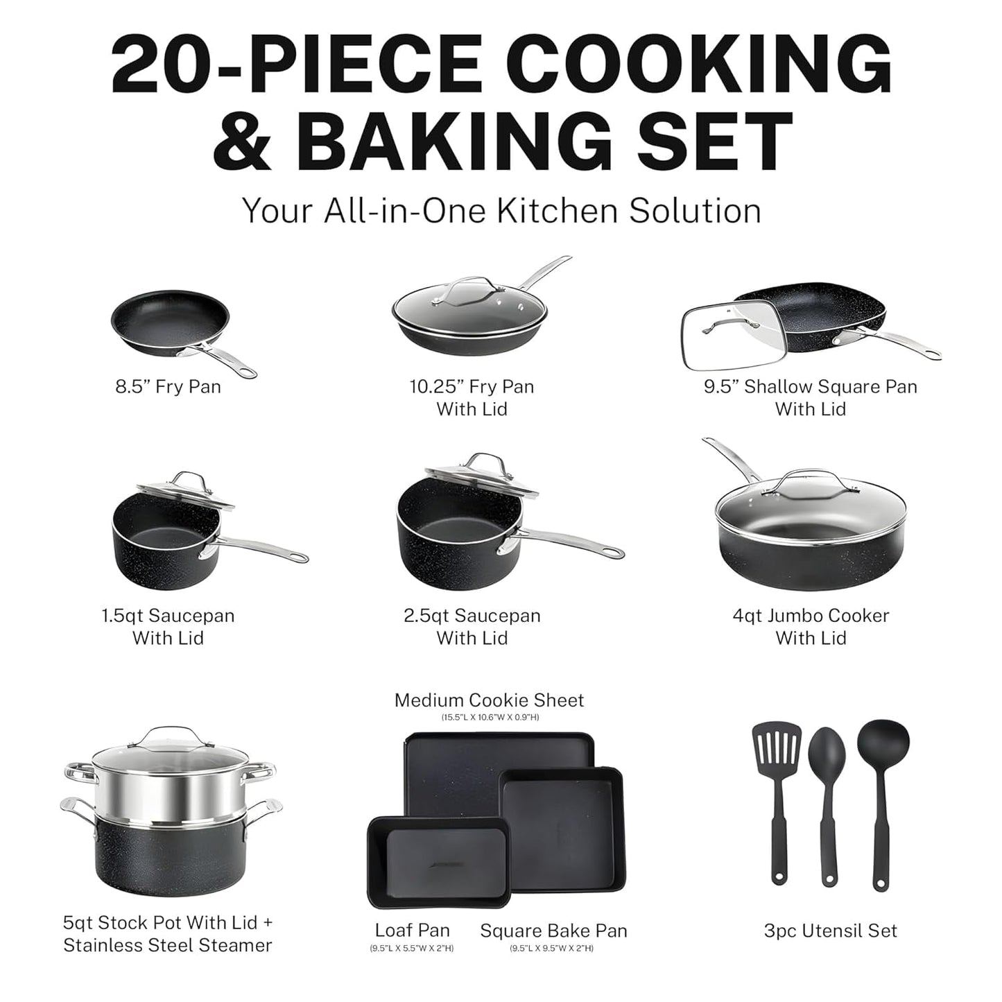 20 Pc Complete Pots and Pans Set Non Stick, Pot and Pan Set Cookware Set with Deep Frying Pan and Bakeware, Non Stick Pots and Pan Set with Utensils, Oven/Dishwasher Safe, Black