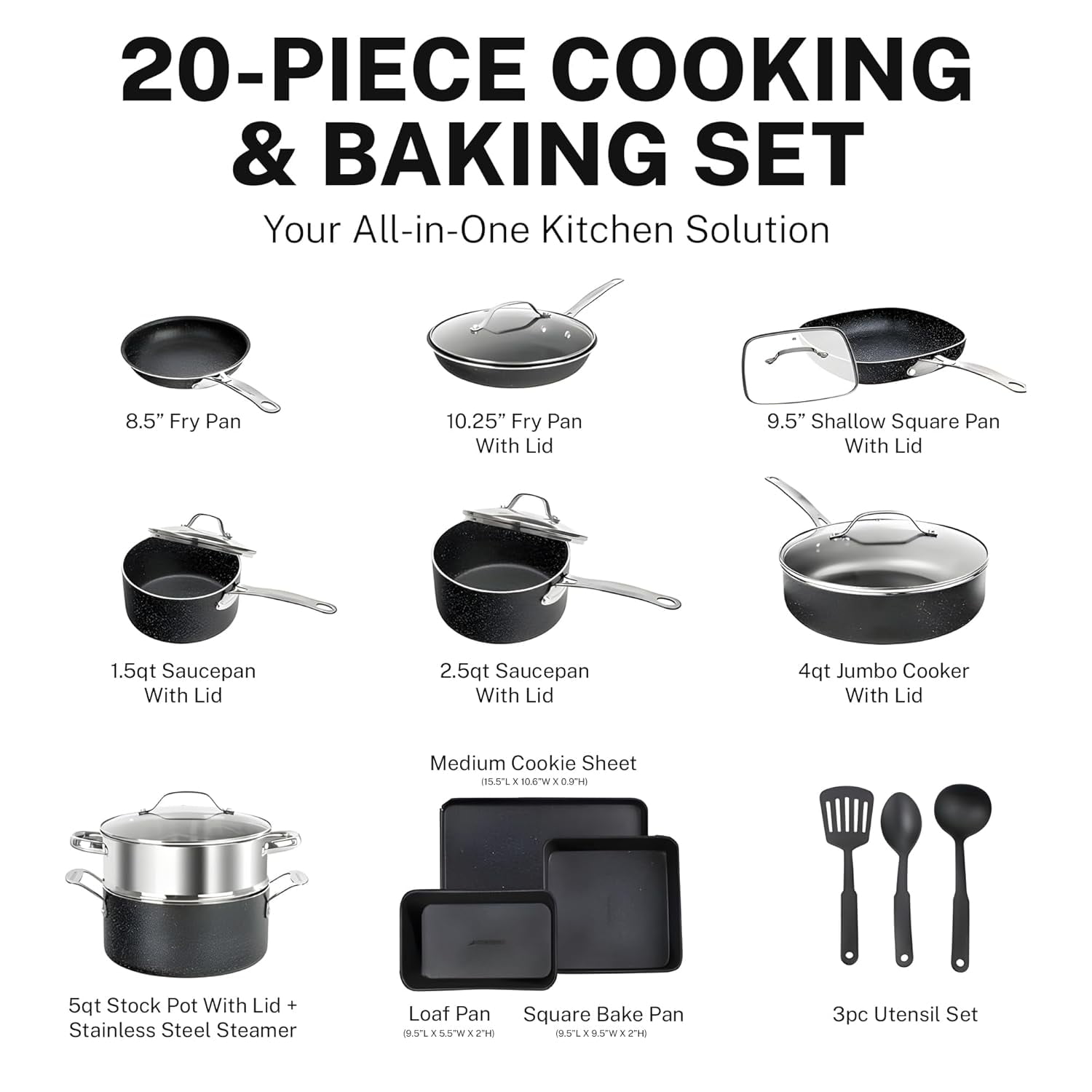 20 Pc Complete Pots and Pans Set Non Stick, Pot and Pan Set Cookware Set with Deep Frying Pan and Bakeware, Non Stick Pots and Pan Set with Utensils, Oven/Dishwasher Safe, Black