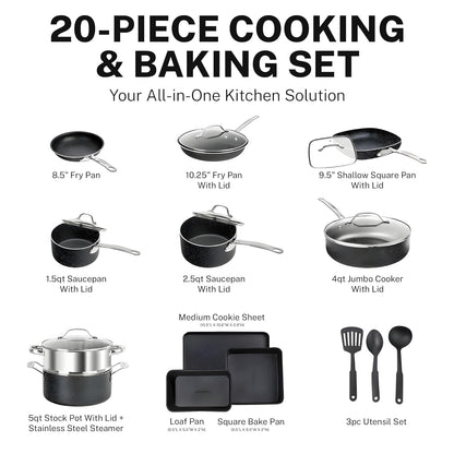 20 Pc Complete Pots and Pans Set Non Stick, Pot and Pan Set Cookware Set with Deep Frying Pan and Bakeware, Non Stick Pots and Pan Set with Utensils, Oven/Dishwasher Safe, Black