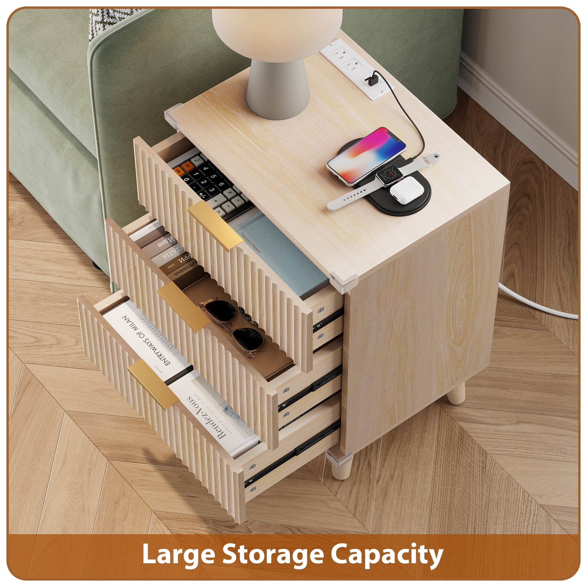Bedroom Dresser and Nightstand 3 Piece Set - Includes Boho Double 6 Drawer Storage Dresser, Nightstand Set of 2 with Charging Station, Modern Bedroom Set, Natural
