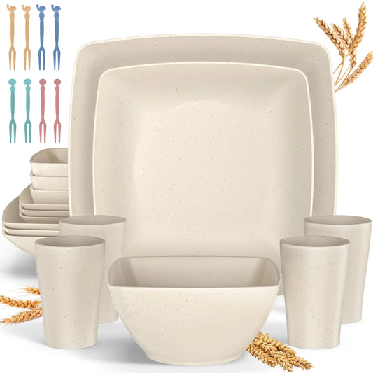 24 Pcs Wheat Straw Square Dinnerware Sets for 4, Unbreakable Dish Sets, Reusable Plates and Bowls Sets, Dinner Plates, Travel Camping Cutlery Set, Dishwasher Microwave Safe, Beige