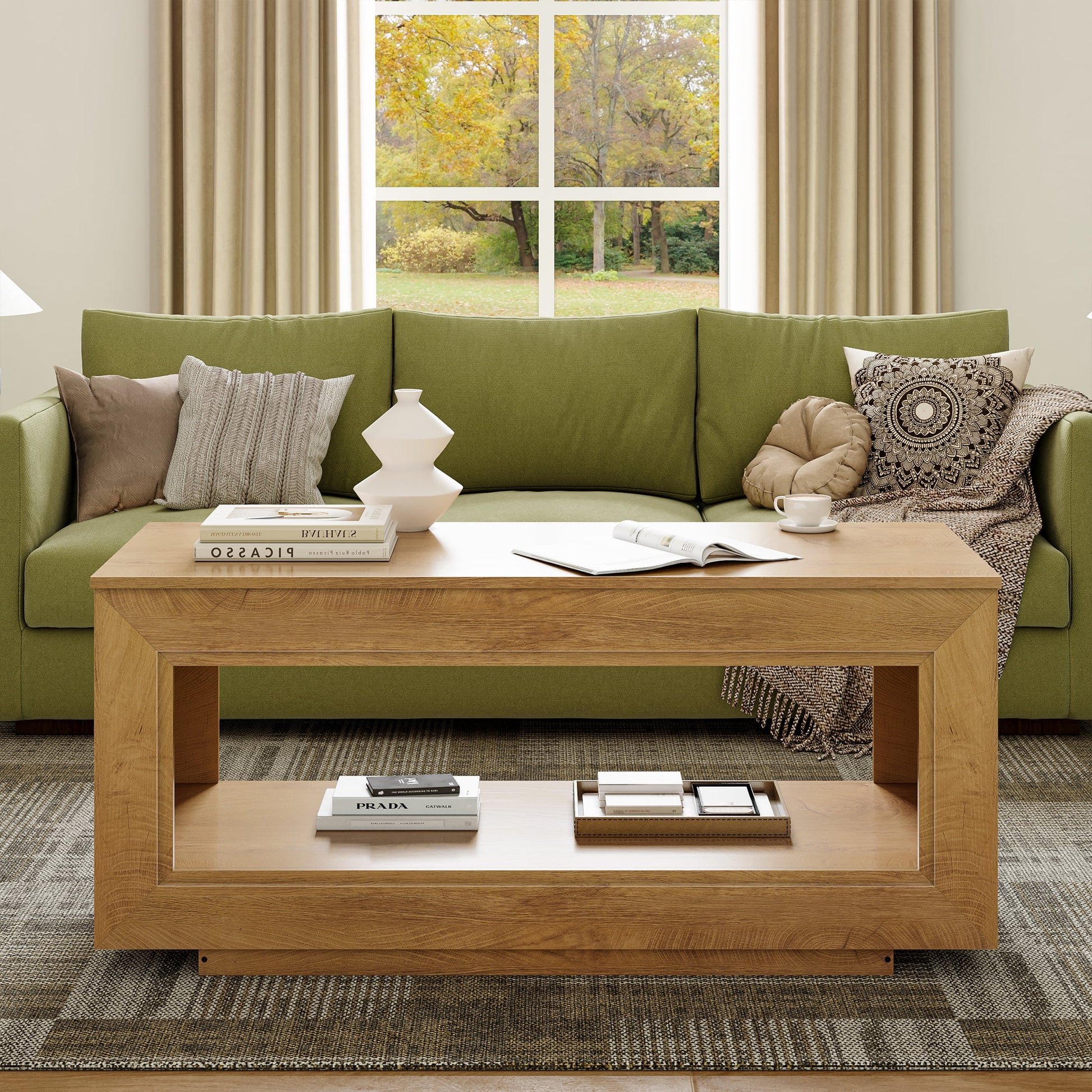 Lift Top Coffee Table with Storage, Wooden Convertible Coffee Table for Living Room, Center Table, Natural Wood