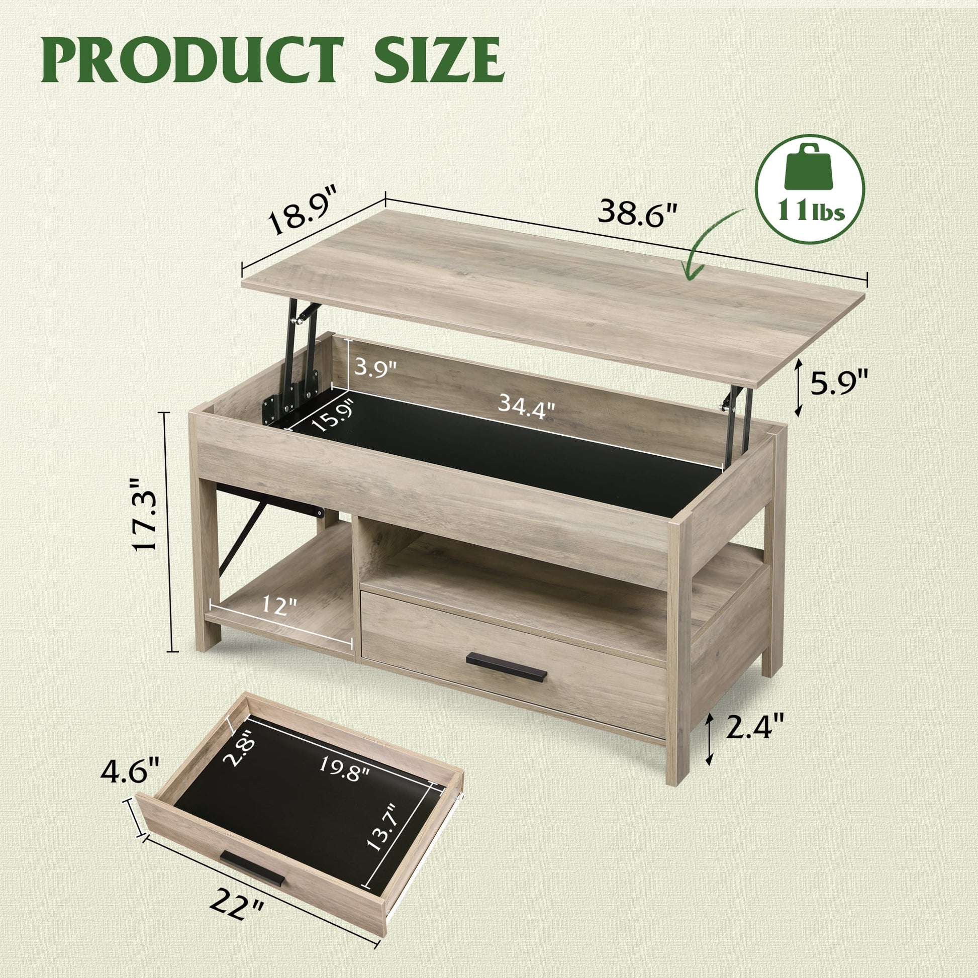 Coffee Table, 39" Lift Top Coffee Table with Hidden Compartment, Storage Drawers and Storage Shelf for Living Room, Reception Room Greige