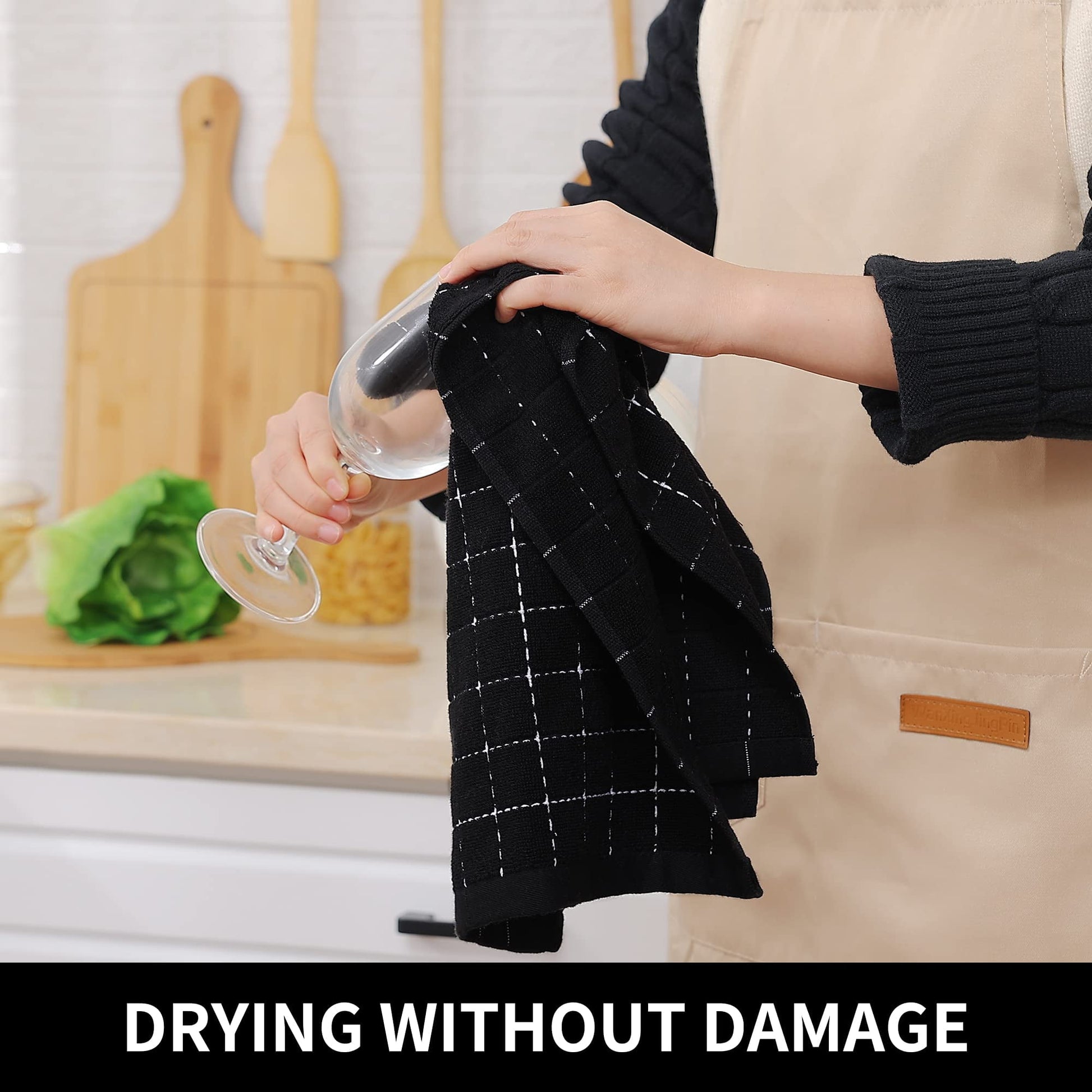 100% Cotton Terry Kitchen Towels(Black, 13 X 28 Inches), Checkered Designed, Soft and Super Absorbent Dish Towels, 4 Pack