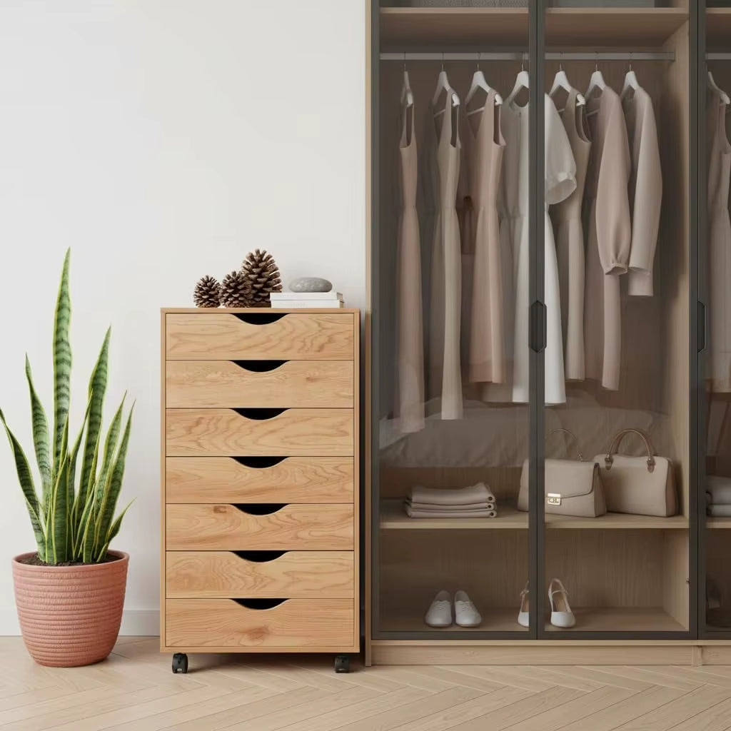 7 Drawer Dresser for Bedroom, Stylish Tall Dressers with Wheels, Storage Shelves, Small Dresser.