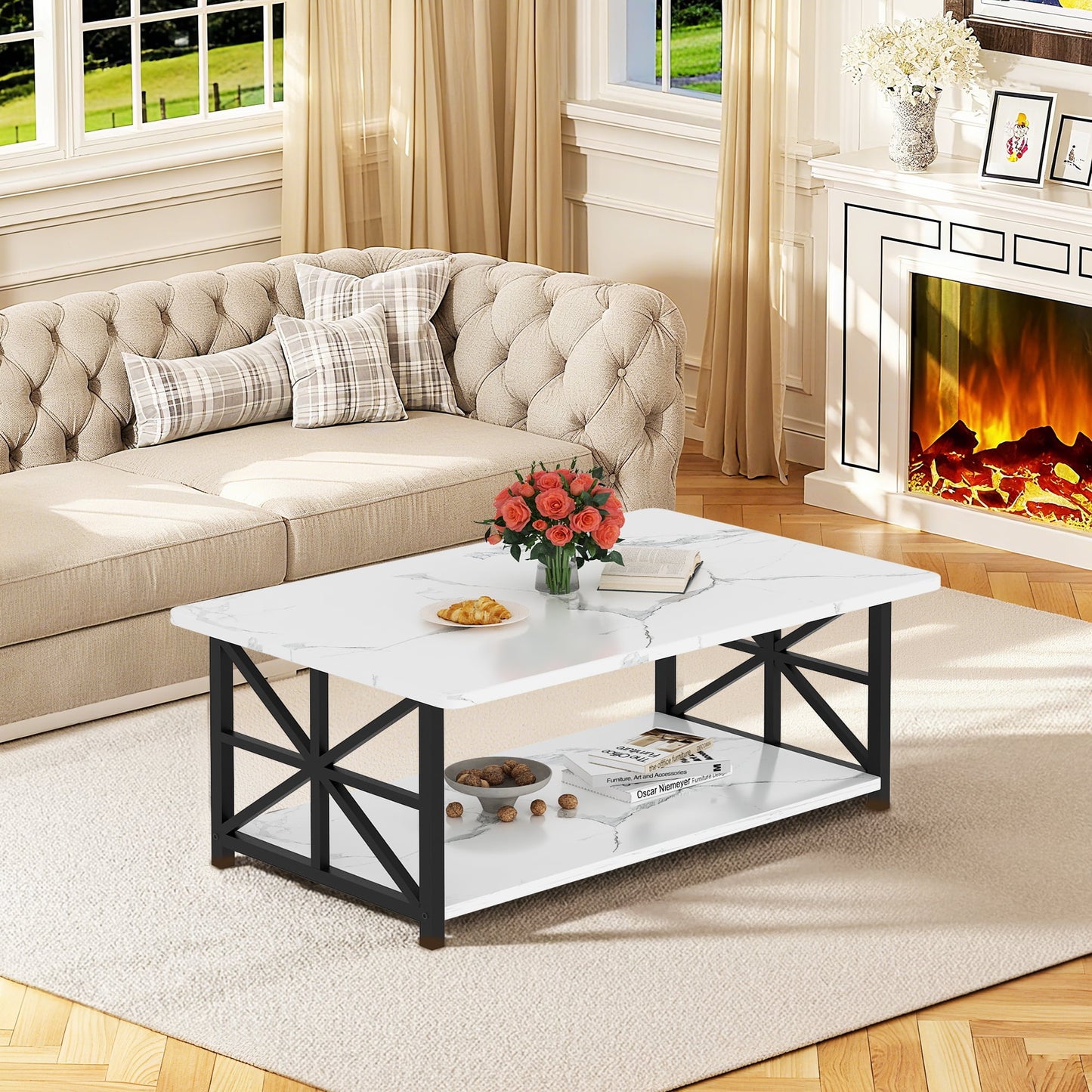 Faux Marble Coffee Table with Storage Shelves, 2-Tier Storage Rectangular Living Room Center Table, Metal Base Sturdy Modern Coffee Tea Table for Living Room, Apartment, Office, White