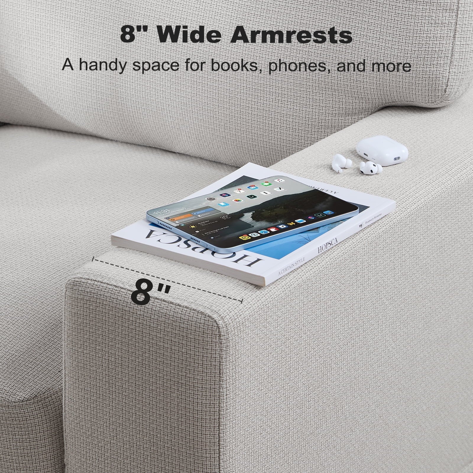 89" 3 Seater Sofa, Upholstered Couch with 3 Pillows and Removable Linen Cover, Deep Seat Sofa with Wide Armrests 