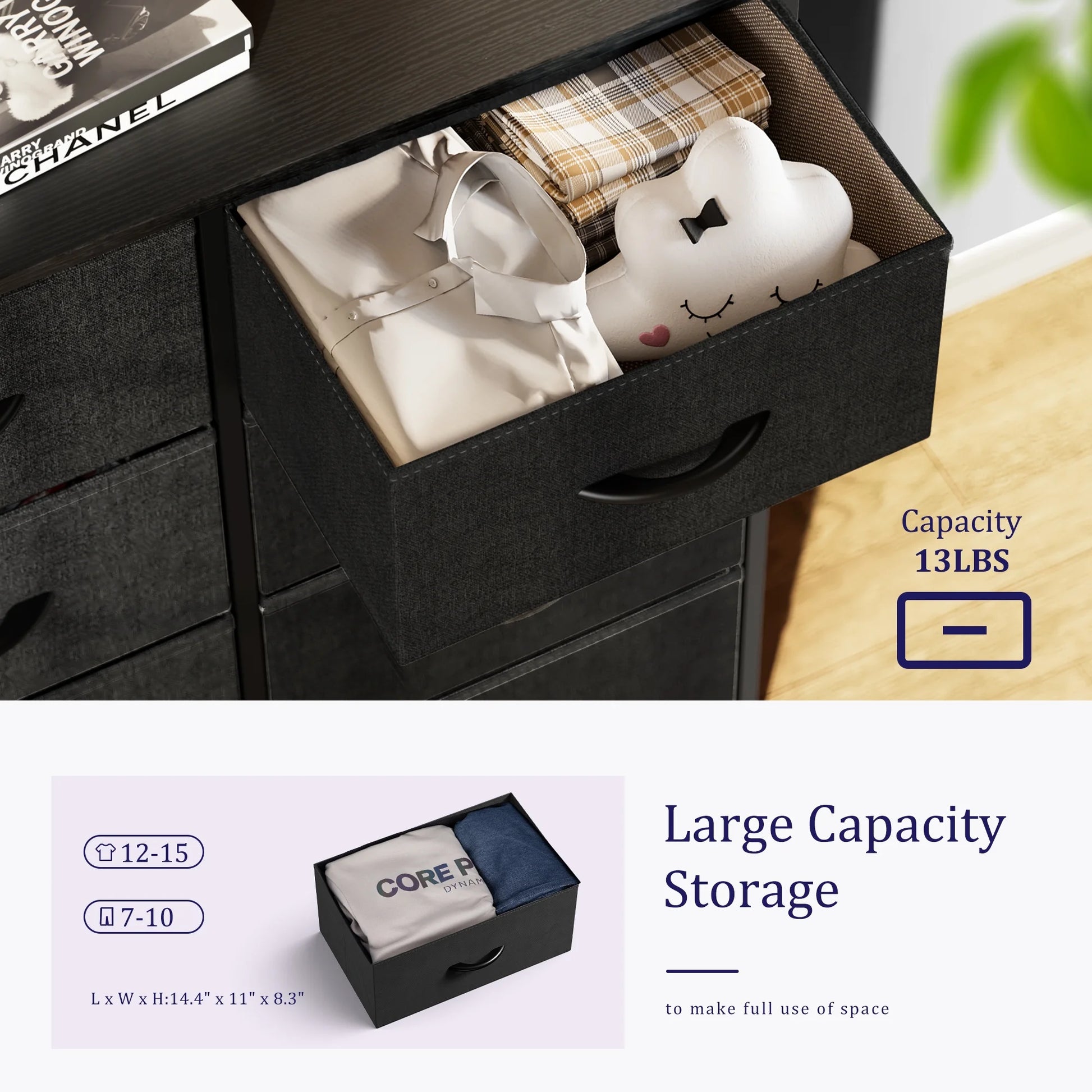 6 Drawer Fabric Dresser with Wood Top for Living Room, Bedroom, Hallway, Black