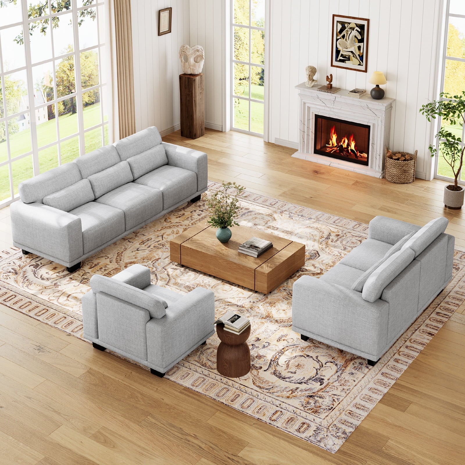 89" 3 Seater Sofa, Upholstered Couch with 3 Pillows and Removable Linen Cover, Deep Seat Sofa with Wide Armrests 