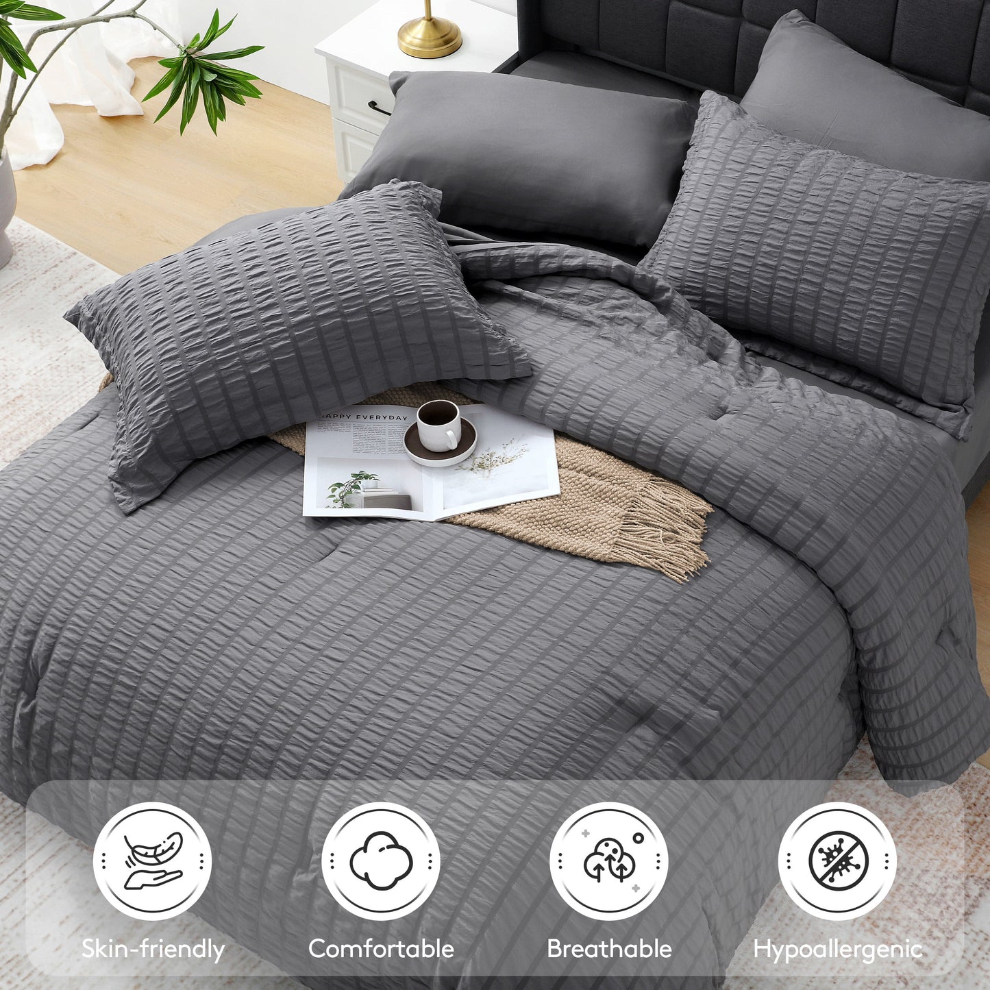 7 Piece Queen Comforter Set, Bed in a Bag with Sheets, Pillowcases & Shams, All Season Soft Bedding, Cozy and Lightweight, Machine Washable, Gray