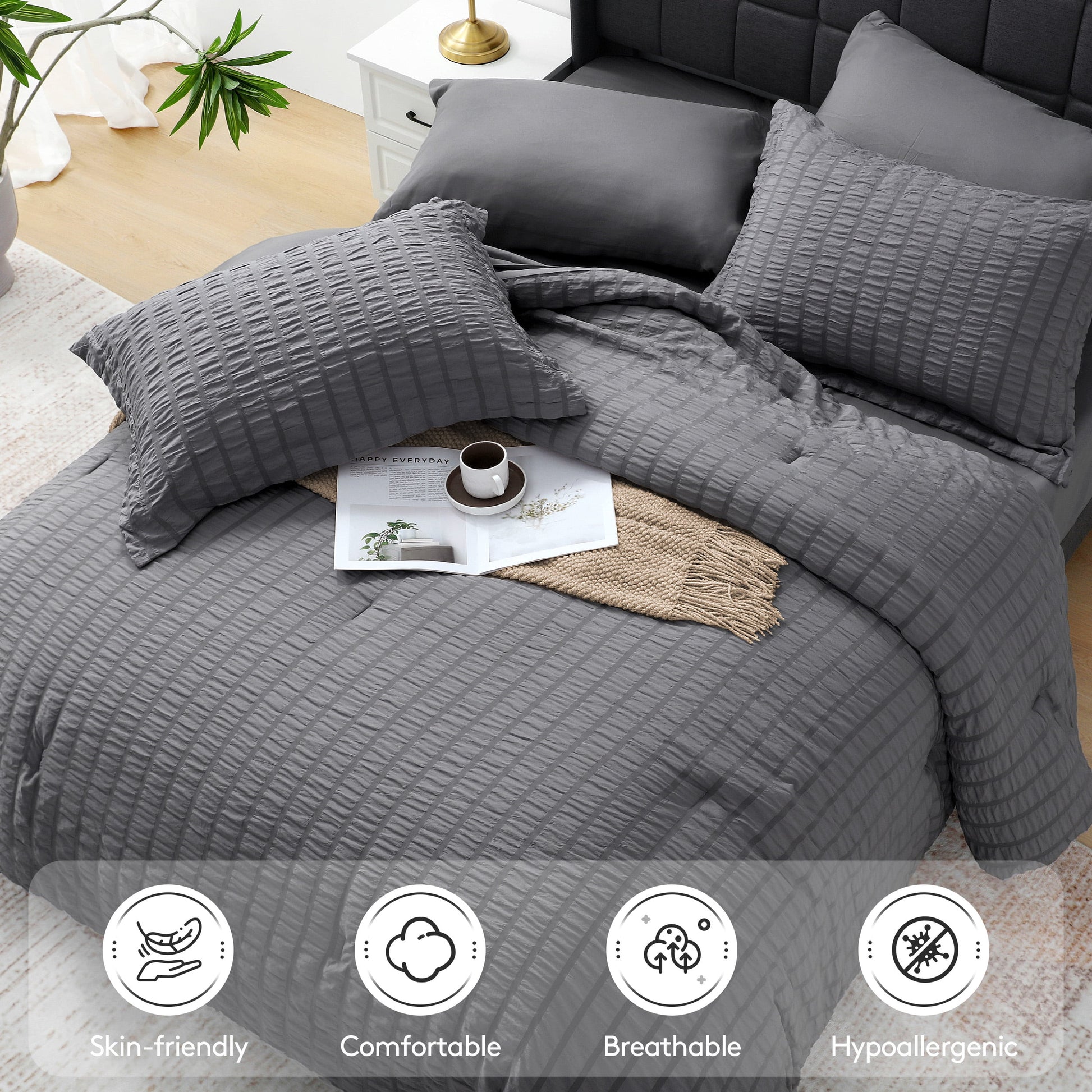 7 Piece Queen Comforter Set, Bed in a Bag with Sheets, Pillowcases & Shams, All Season Soft Bedding, Cozy and Lightweight, Machine Washable, Gray