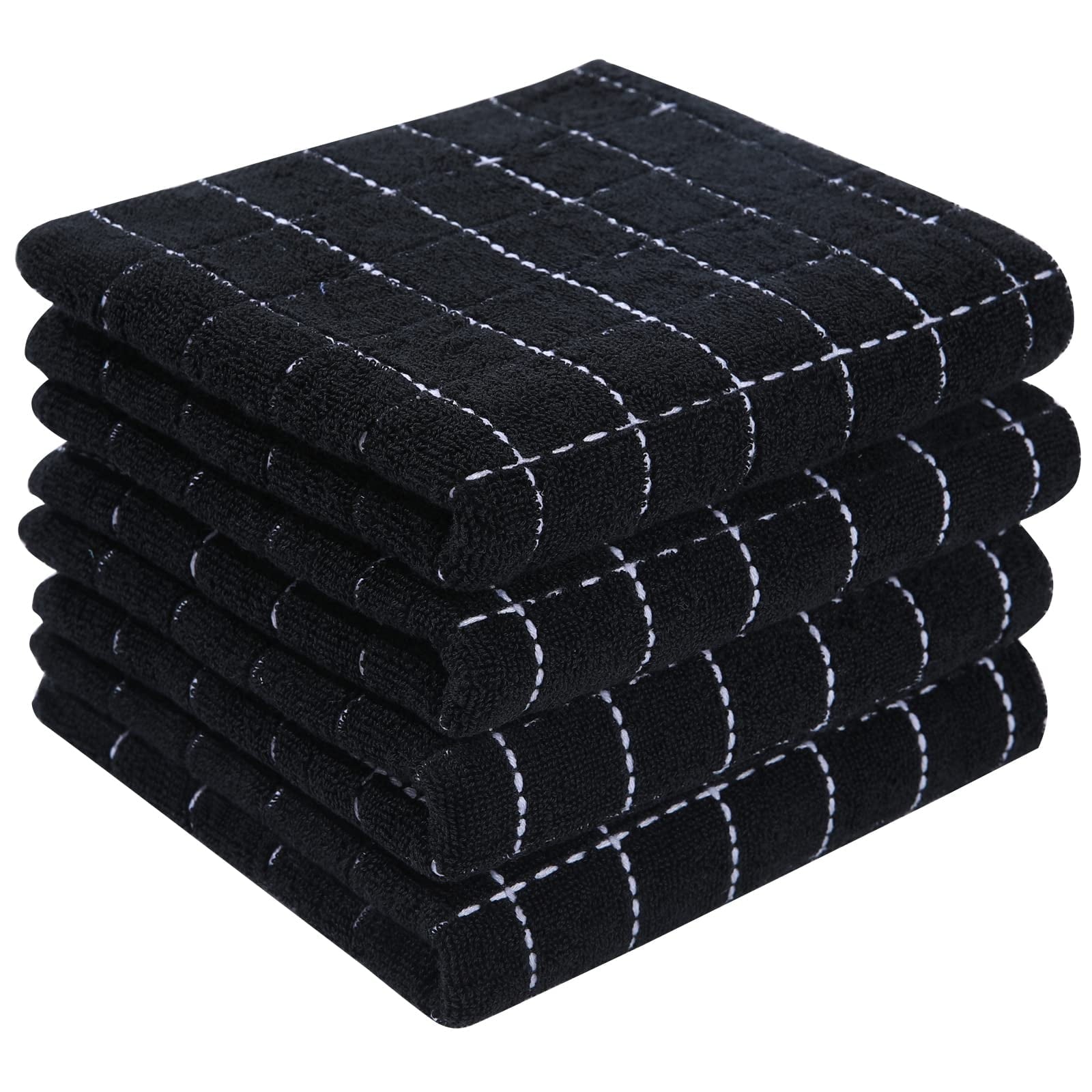 100% Cotton Terry Kitchen Towels(Black, 13 X 28 Inches), Checkered Designed, Soft and Super Absorbent Dish Towels, 4 Pack