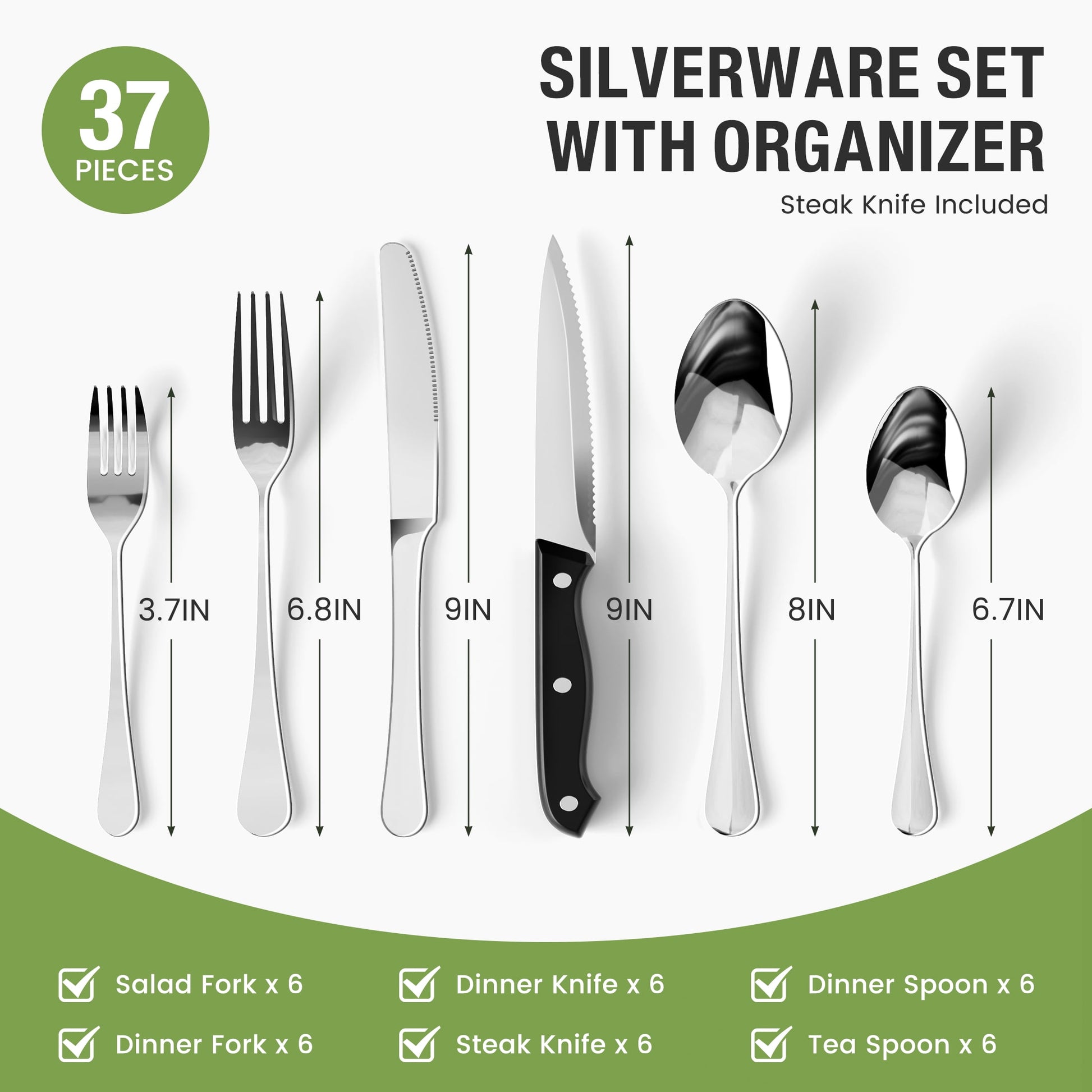 37-Piece Silverware Set with Organizer, Heavy Duty Stainless Steel Flatware Set Service for 6, Cutlery Set with Steak Knives, Mirror Polished, Dishwasher Safe, Silver